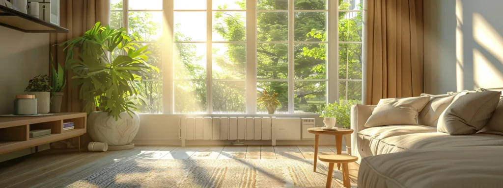 a bright, inviting living room showcases an immaculate hvac unit, with sunlight streaming through clear windows, highlighting a clean air filter on a nearby table and emphasizing the theme of diy home maintenance for optimal comfort.