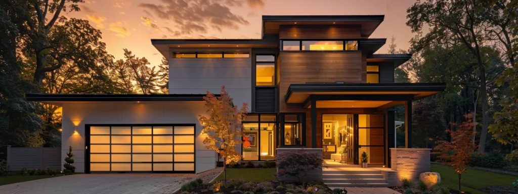 a confident homeowner stands in front of a modern house in waldorf, md, with a laptop open to hvac contractor reviews, surrounded by a warm golden sunset casting a soft glow, reflecting the importance of thorough research for reliable home service.