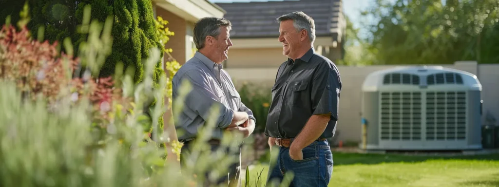 a confident homeowner stands in front of a well-maintained hvac unit, smiling and engaging with a professional contractor, set against a bright, welcoming suburban backdrop, symbolizing trust and effective communication in service.