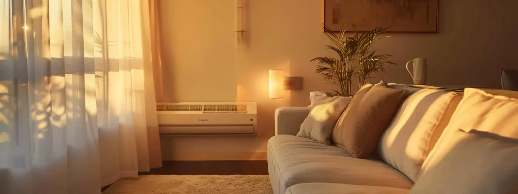 a modern, well-maintained hvac system gleaming under soft, warm light in a pristine, airy living room, symbolizing a sanctuary of clean air and comfort amidst a serene indoor environment.