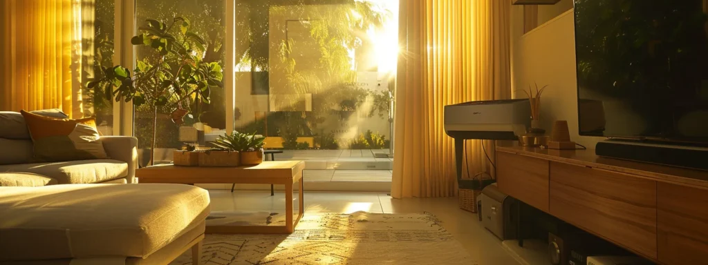 a pristine home interior bathed in warm natural light showcases a sleek, energy-efficient hvac system, symbolizing comfort, expertise, and the promise of cost savings.
