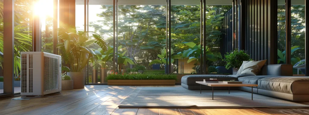 a serene indoor living space filled with natural light, showcasing a sleek, modern hvac system against a backdrop of fresh air-filtered greenery, symbolizing enhanced comfort and air quality through routine maintenance.