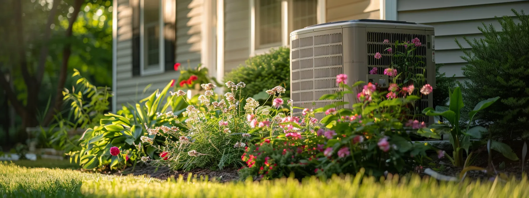 a serene suburban home bathed in warm afternoon light, showcasing a meticulously maintained hvac system beside vibrant flowers and lush greenery, symbolizing ultimate comfort and tranquility in maryland.