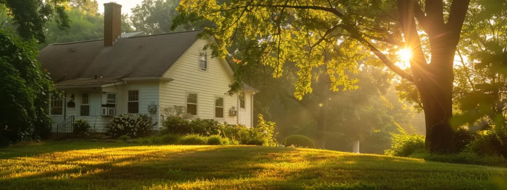 a serene suburban maryland home, with a well-maintained hvac unit in focus, surrounded by lush greenery and bathed in soft, golden afternoon light, symbolizing comfort and reliability in home maintenance.